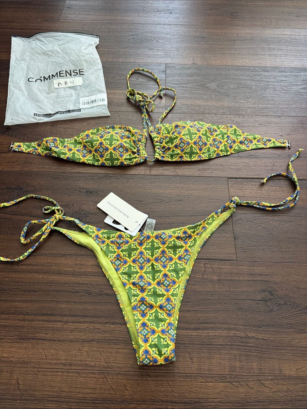 Commense Green Yellow Multi-Color Tile Print Bikini Set with paddle Bra.